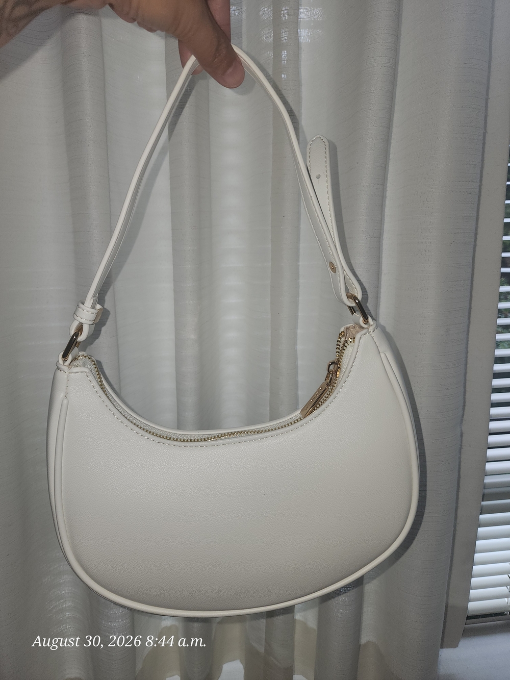Minimal White Crescent Shoulder Bag with Gold Hardware